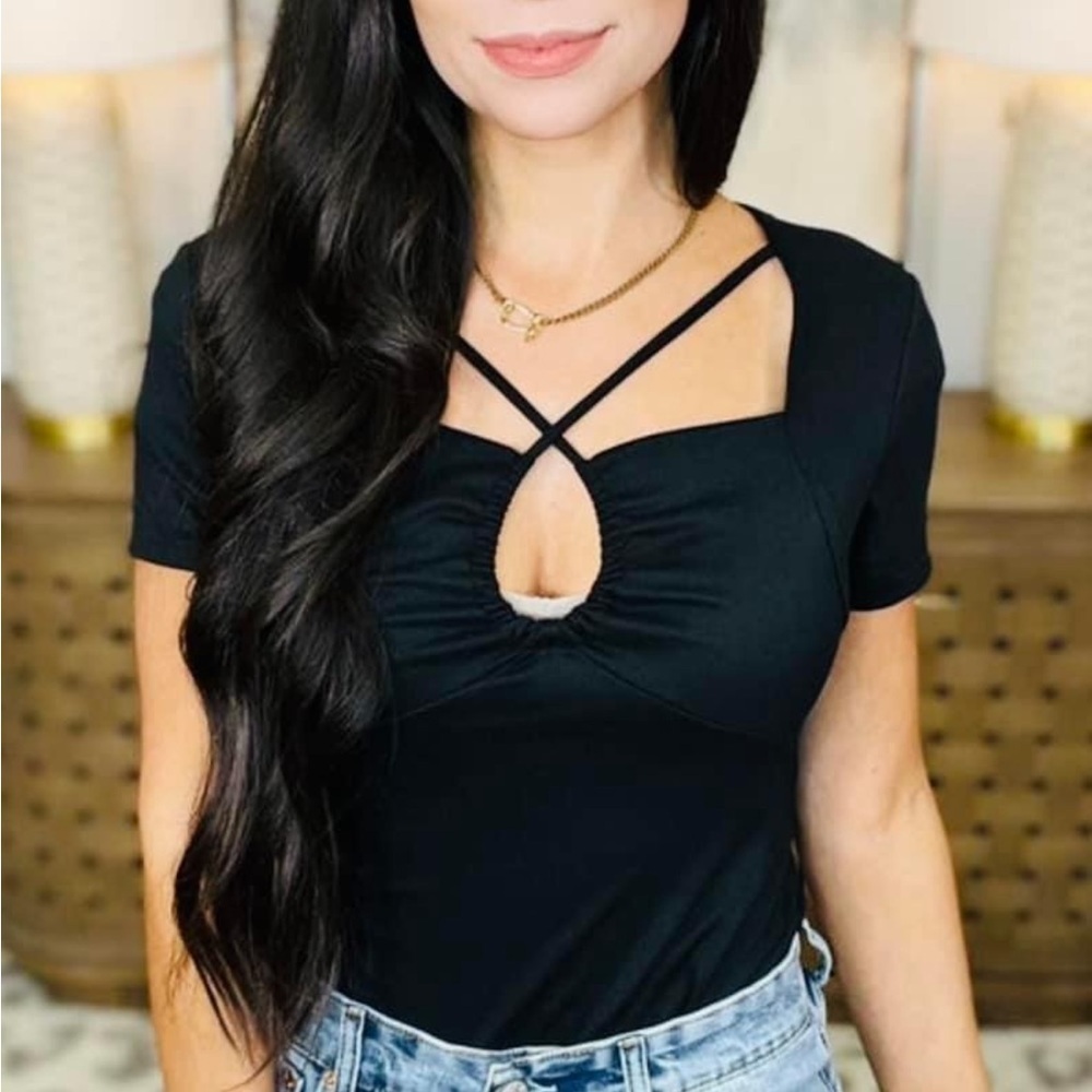 White Birch Black Bodysuit Small Cutout Keyhole Strappy Party Chic ♥️